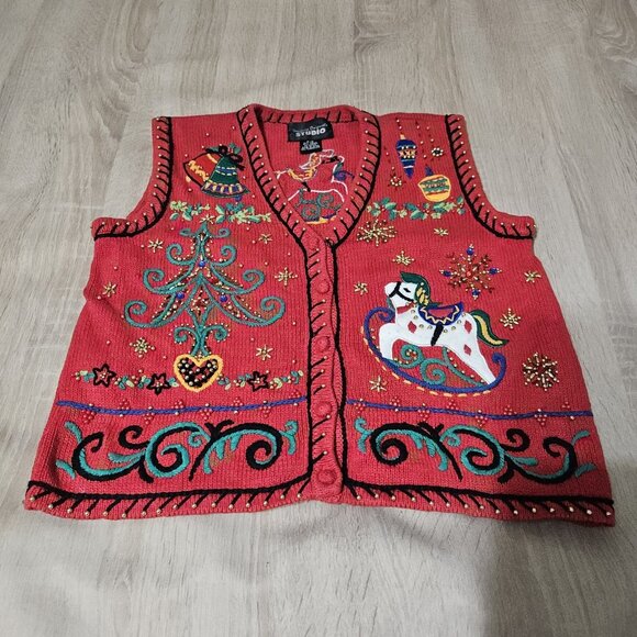 Design Originals Studio Womens Size P/S Red Ugly Christmas Sweater Vest Vintage - Picture 1 of 6